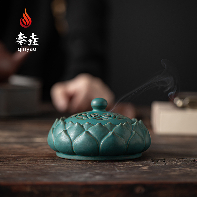 速发陶瓷莲花香禅檀香家用炉意香道摆件创意荷花薰香炉创意香道香