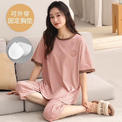 2025年新款带胸垫睡衣女士100%纯棉夏季薄款短袖七分裤休闲家居服