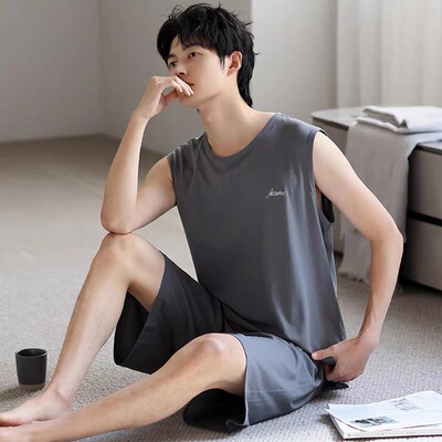 莫代尔睡衣男士夏季无袖背心套装