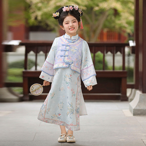 2024新款儿童清朝宫廷长袖中国风古装旗袍裙汉服女童格格服秋冬款