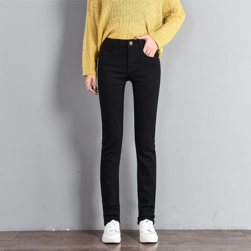 黑色高腰直筒牛仔裤弹力修身通勤