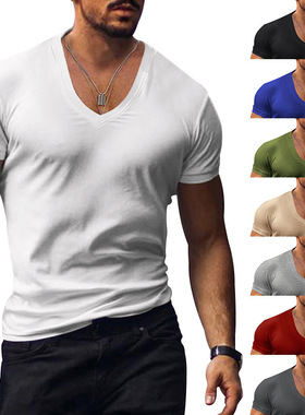2023夏季新款男士V领纯色大码休闲短袖t恤Men's short sleeve Top
