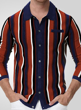 2025 Men's Spring Thin Striped Knitted Shirt男春季薄款针织衫