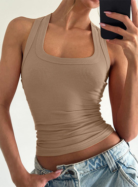 solid color crop top with exposed navel时尚纯色工字露脐背心