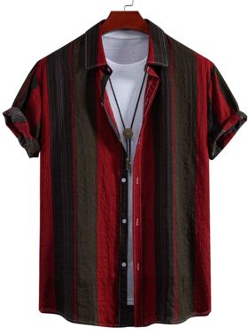 2025 Red striped men's short sleeved shirt 红色条纹短袖衬衫