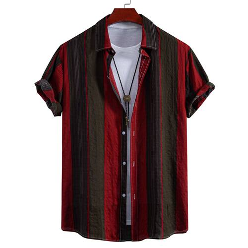 2025 Red striped men's short sleeved shirt 红色条纹短袖衬衫