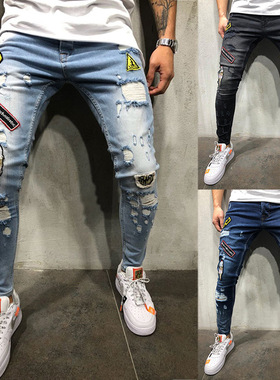 春夏男士嘻哈徽章修身破洞小脚牛仔裤 Badge hole denim leggings