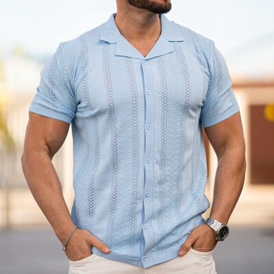 Fashion striped hollowed out casual POLO shirt条纹镂空短袖衫
