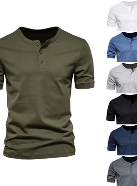 2023夏季男修身纯色美式亨利系扣短袖T恤Buckle up short sleeves