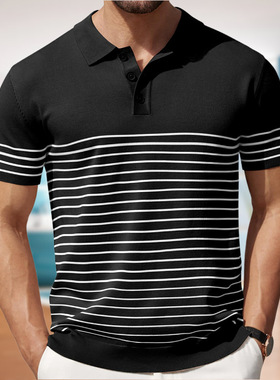 Men's striped casual knitted business Polo shirt男短袖Polo衫