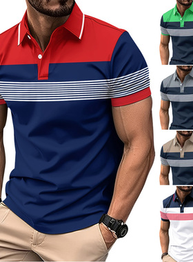 2024Men's Casual Business Stripe Versatile T-shirt男休闲短袖