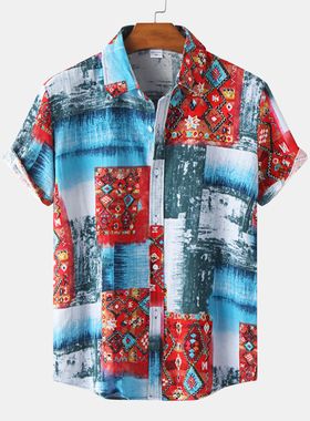 欧美短袖印花宽松衬衫Printed loose fitting short sleeve shirt