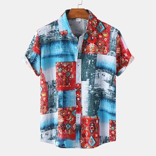 欧美短袖印花宽松衬衫Printed loose fitting short sleeve shirt