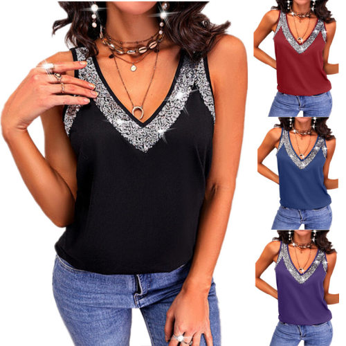 2026 Summer solid color bead sleeveless vest纯色珠片无袖背心