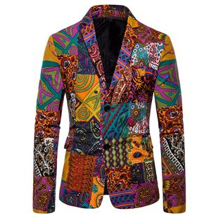 民族风印花男大码排扣西装外套Ethnic style printed suit jacket