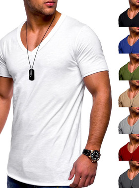 2023夏季男V领纯色大码休闲短袖t恤Short sleeved V-neck T-shirt