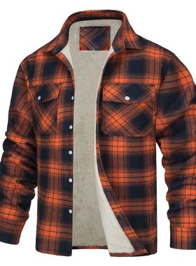 秋冬单排扣加绒格子宽松型男外套Plush plaid loose men's jacket