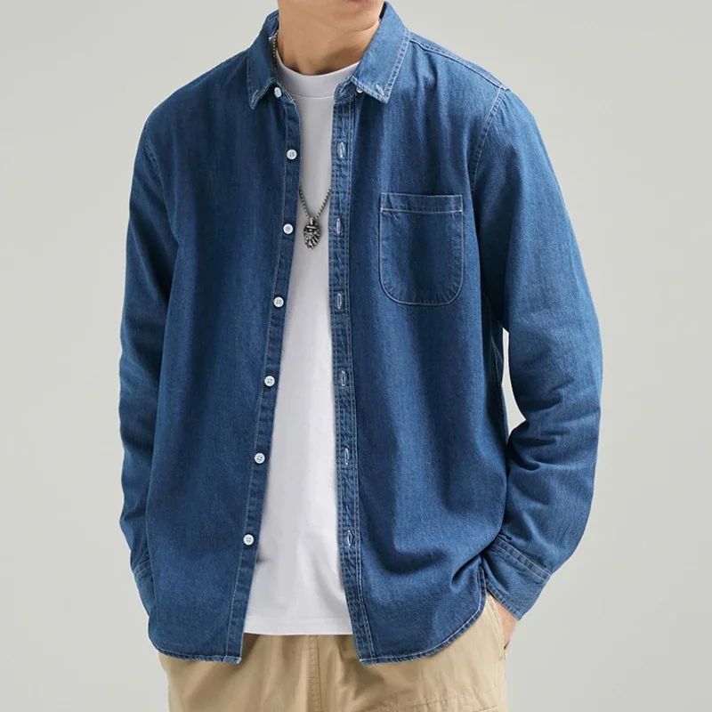 Men's autumn thin collared casual denim shirt 男薄款牛仔衬衫