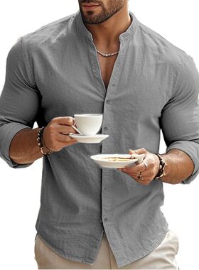 Men's stand up collar plus size solidcolor shirt大码纯色衬衫