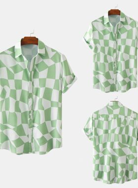 夏季男士小清新绿色拼色短袖衬衫green casual shortsleeve shirt
