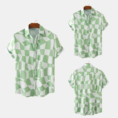 男夏季拼色绿色短袖衬衫翻领时尚
