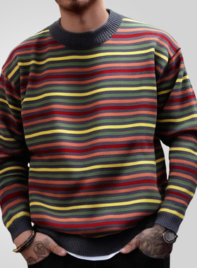 Men's rainbow striped knitted pullover sweater男条纹针织毛衣
