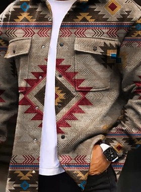 春秋男时尚印花休闲纽扣外套Men's printed casual button jacket