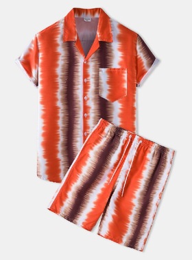 Men's short sleeve striped printed casual suit男条纹印花套装