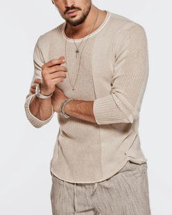 2023春秋新品男士长袖圆领镂空针织上衣Long sleeved knitted top