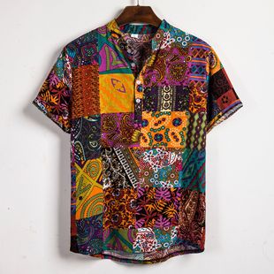 男碎花立领短袖衬衫Floral standing collar short sleeved shirt