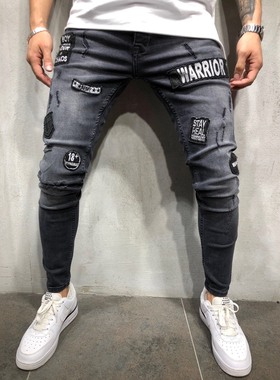 春秋男士黑色破洞徽章贴布小脚牛仔裤Badge patch denim leggings