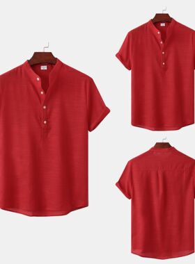 夏季男士红色休闲短袖衬衣Men's red casual short sleeved shirt
