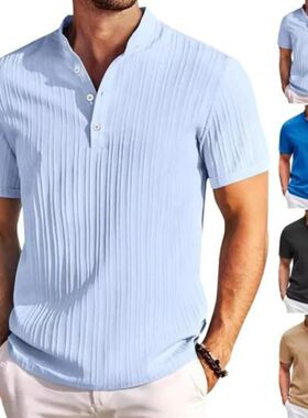 Men's solid color stand up collar short sleeved shirt 男短袖