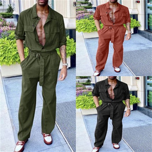 Men loose longsleeve lapel waistband workwear jumpsuit连体裤