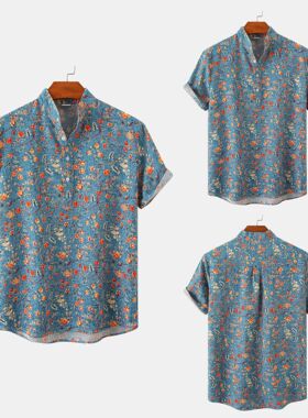男立领夏威夷印花短袖衬衣Standing Collar Hawaiian ShortSleeve