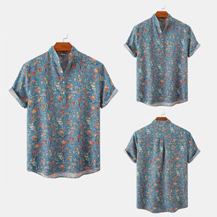 男立领夏威夷印花短袖衬衣Standing Collar Hawaiian ShortSleeve
