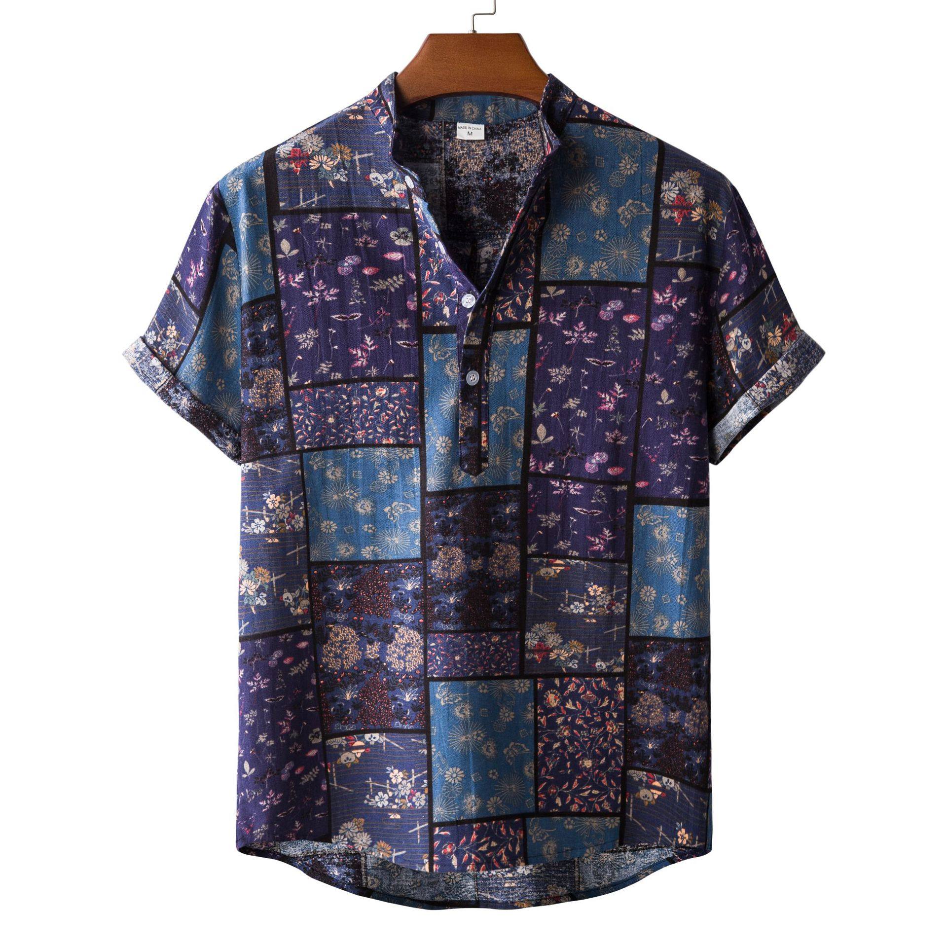 男短袖休闲复古碎花立领衬衫 Men's retro printed short sleeves,男装,衬衫,淘宝优惠券,粉丝福利购,淘宝优惠卷