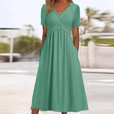 2026 Summer solid color short sleeved dress夏季女短袖连衣裙