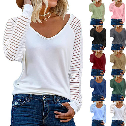 2026Ladies' striped casual patchwork top条纹休闲拼接长袖上衣