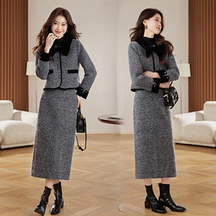 冬天穿搭加厚毛呢外套两件套裙装 爆款 结婚礼服 2025新款 小香风套装