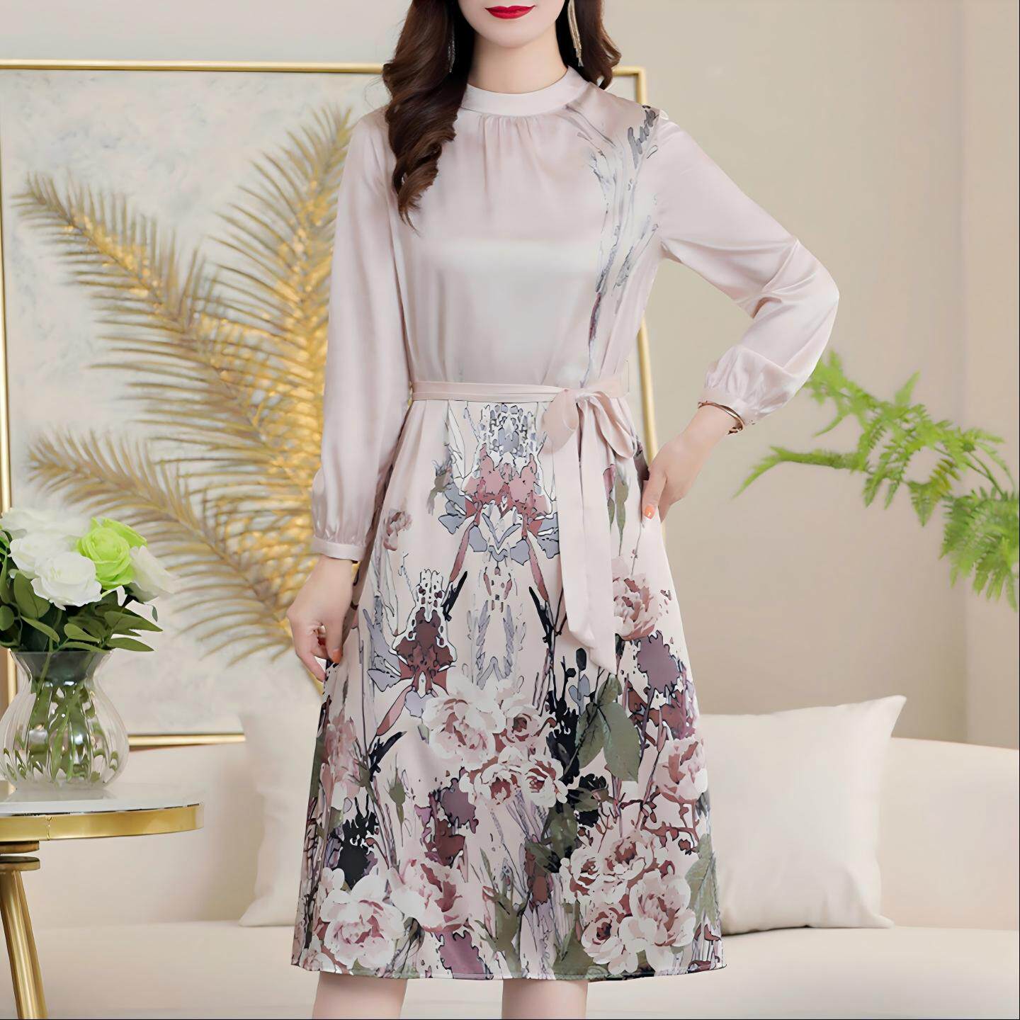 杭州重磅真丝连衣裙女中长款2026新款夏季时尚印花减龄桑蚕丝裙子