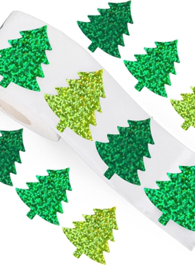 500张/卷绿色小树木镭射贴纸圣诞装饰diy手账礼盒包装封口不干胶