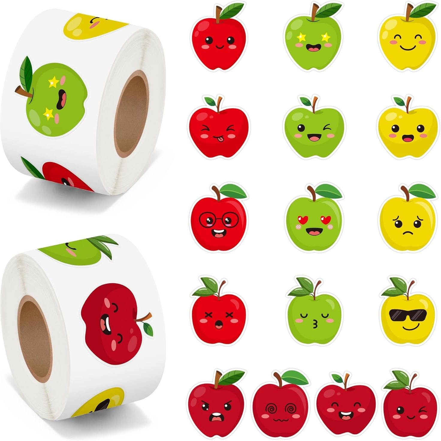 500张/卷苹果表情贴纸烘焙水果装饰包装标签小学生表扬鼓励贴画