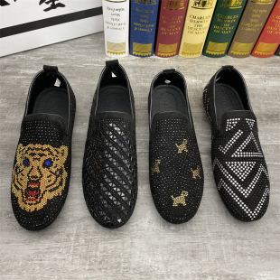 欧洲站男士皮鞋精神社会小伙时尚潮男个性水钻套脚懒人豆豆鞋男鞋