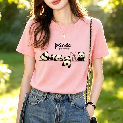 宽松型纯棉短袖T恤女2026夏季新款熊猫印花宽松圆领上衣百搭减龄
