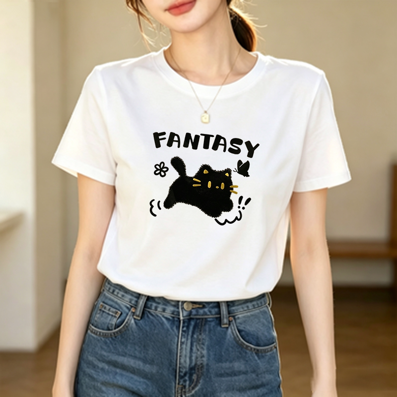 纯棉宽松短袖T恤女卡通猫咪印花圆领减龄上衣白色女士宽松型卡通