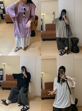 复古简约宽松大码显瘦短袖上衣女装夏天T恤衫圆领