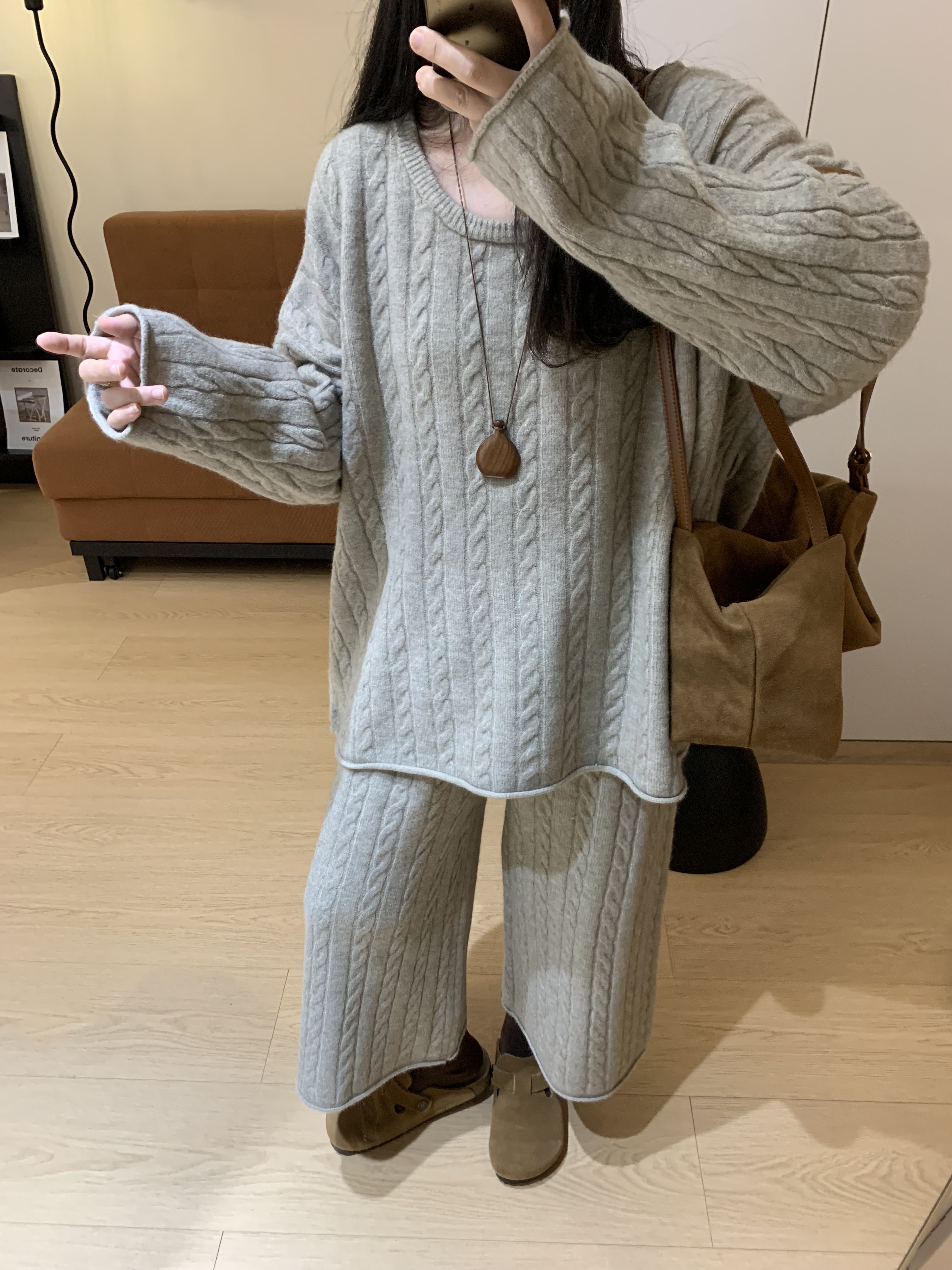 复古圆领麻花套头毛衣针织衫七分裤两件套套装女宽松显瘦秋冬新款
