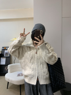 复古小翻领双头拉链麻花针织开衫 上衣毛衣外套 外套女毛衣2025新款