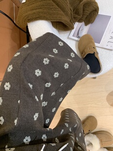 复古加厚磨毛呢子松紧腰碎花七分裤秋冬新品女装宽松慵懒裤裤子